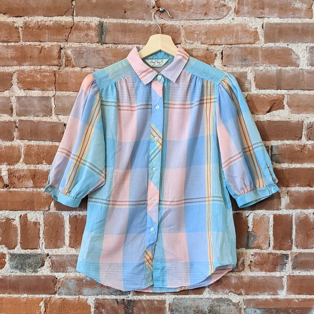 Vintage 1980s Pastel Plaid Cottagecore Blouse